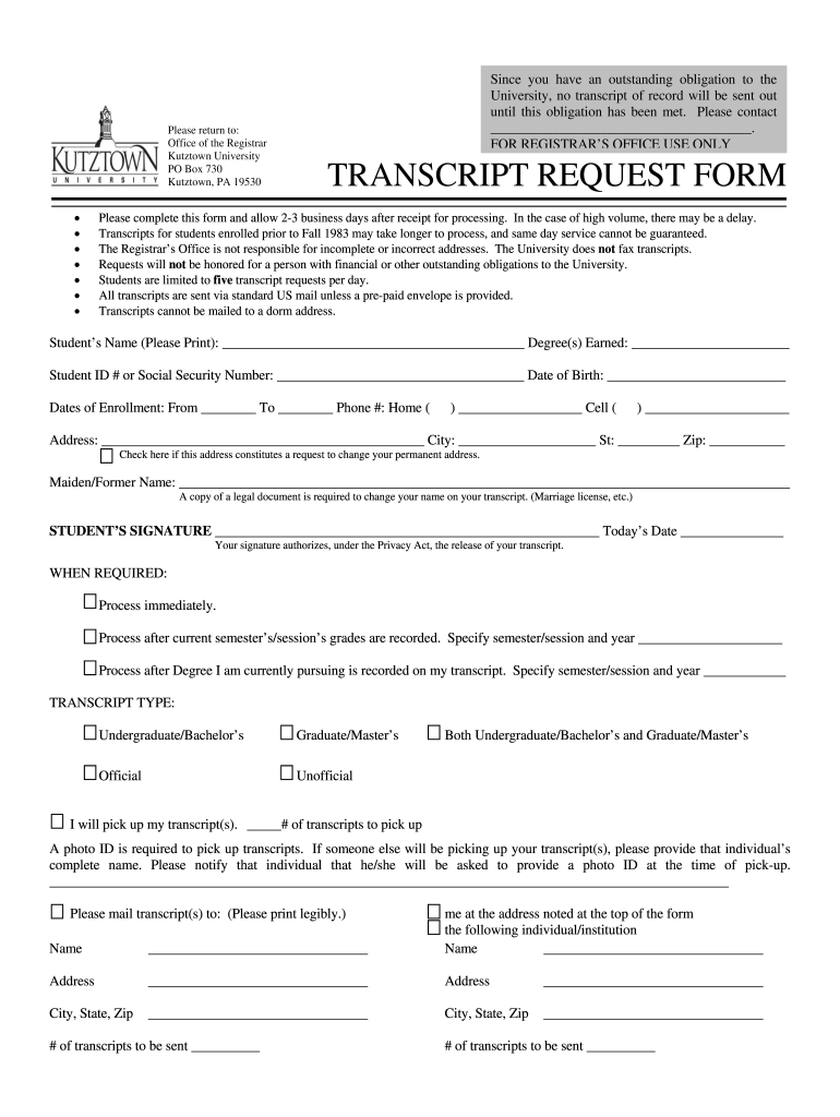 Kutztown university transcript request Fill out & sign online DocHub
