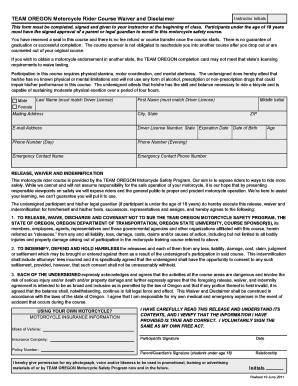Team Oregon Motorcycle Rider Course Waiver And Disclaimer Form - Fill