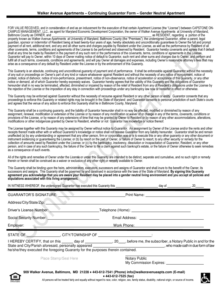 Walker Avenue Apartments Continuing Guarantor Form Gender Neutral