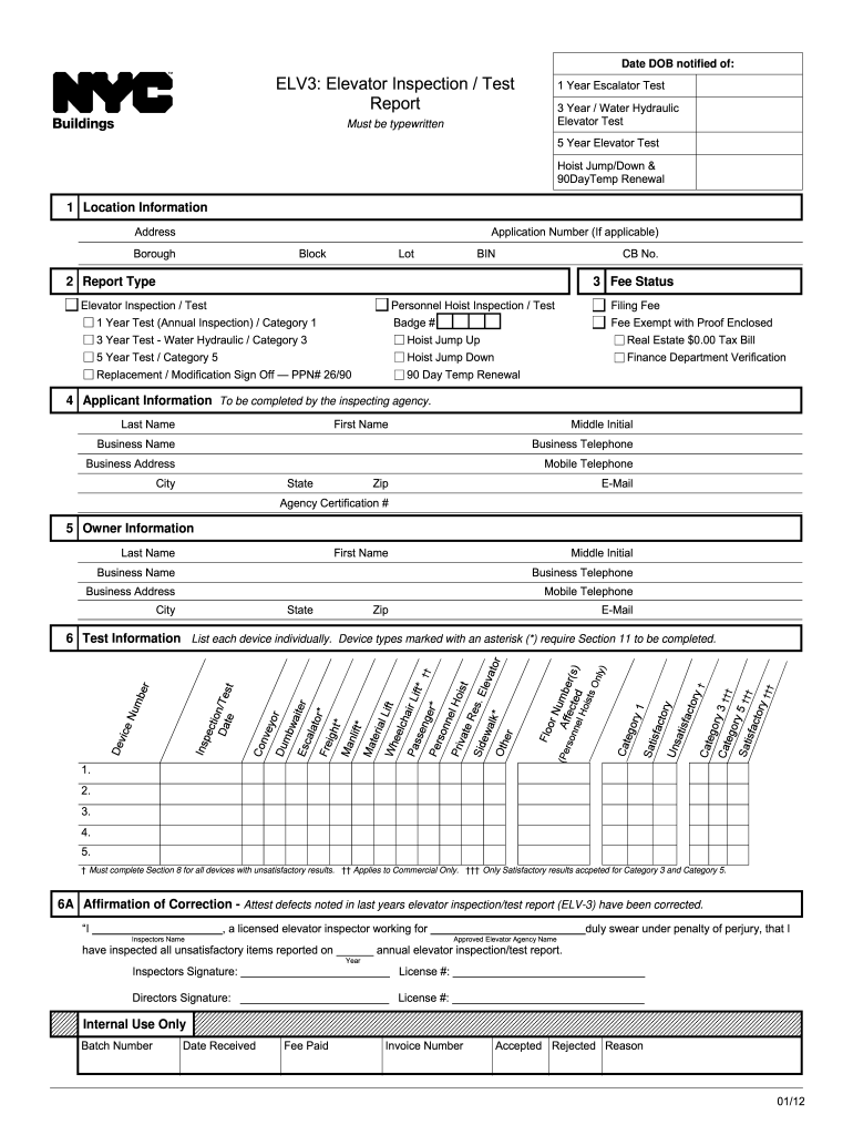 2012 Form NY ELV3 Elevator Inspection/Test Report Fill Online