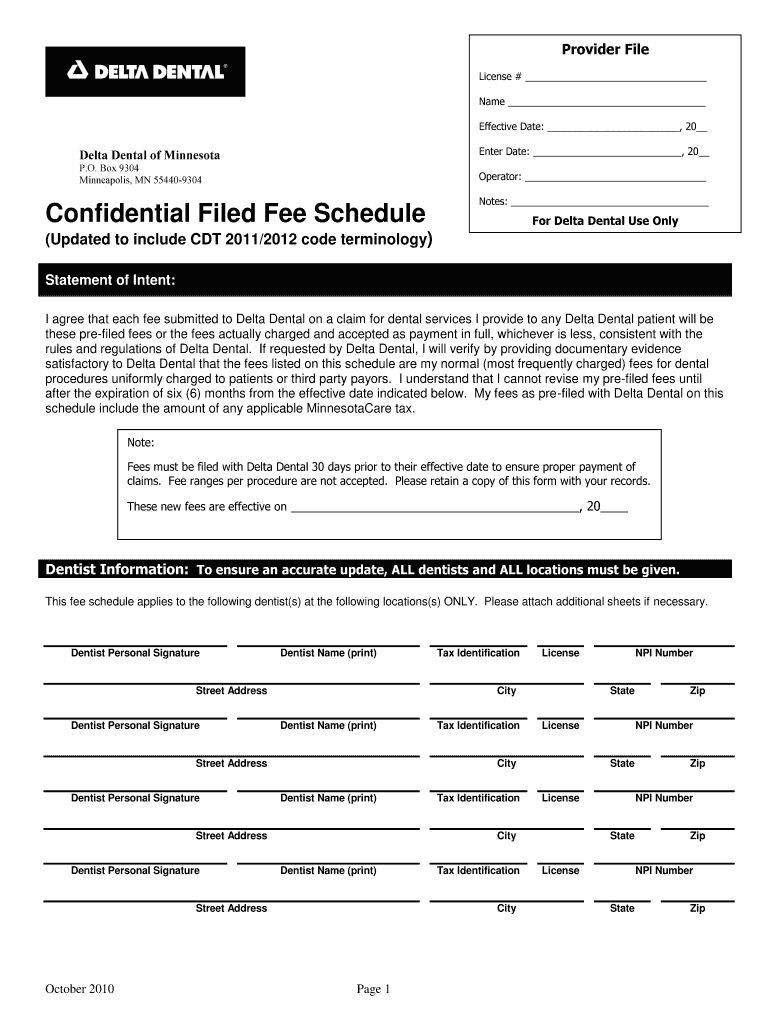 MN Delta Dental Confidential Filed Fee Schedule 2010 Fill and Sign