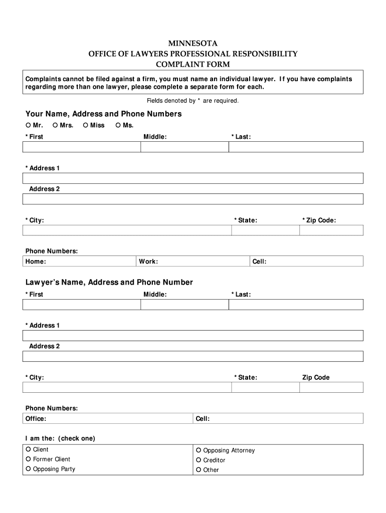 Minnesota office of lawyers professional responsibility complaint form Fill out & sign online