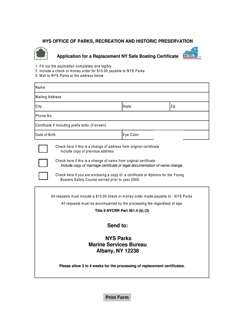 Fillable Online NY Safe Boating Certificate Replacement Application Fax