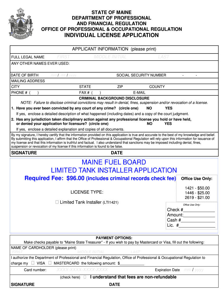 Fillable Online maine MAINE FUEL BOARD LIMITED TANK INSTALLER