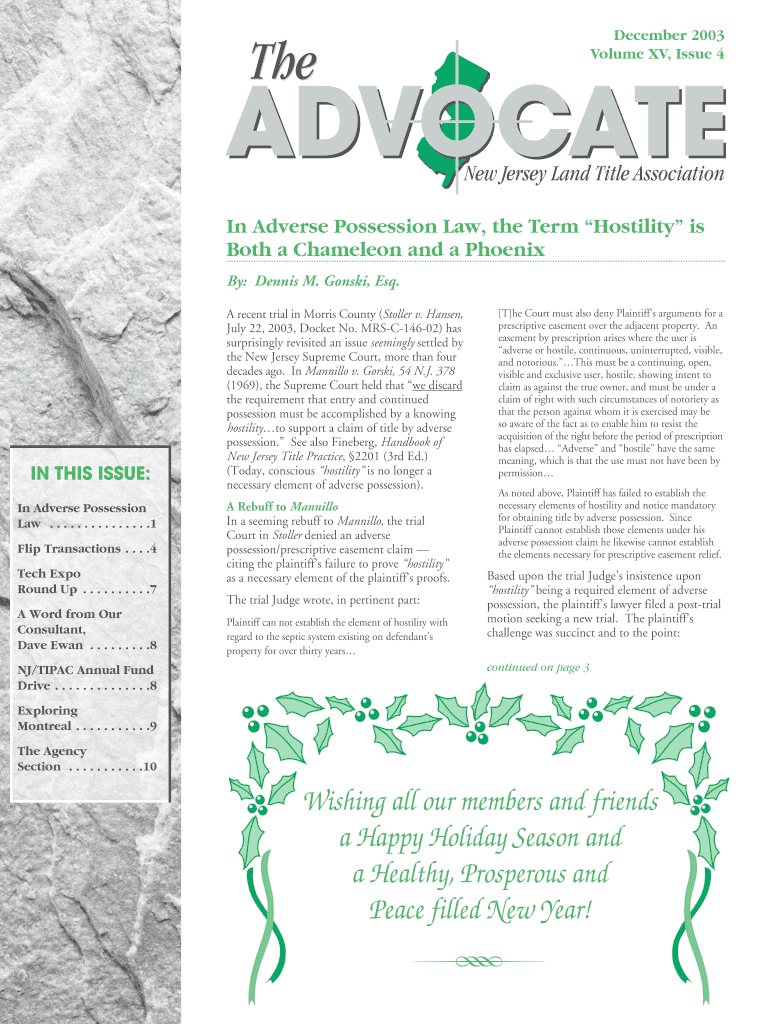 The December 2003 Volume XV, Issue 4 New Jersey Land Title Association