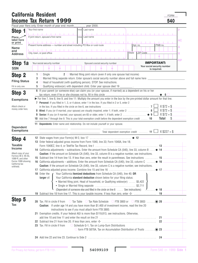 Ftb Form 540 Schedule 2022 Ftb Form 540 Year 1999 2020-2022 - Fill And Sign Printable Template Online | Us Legal Forms