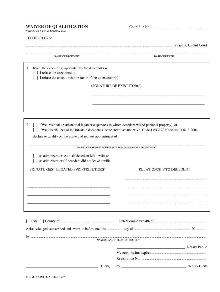 Fillable Online courts state va WAIVER OF QUALIFICATION courts state