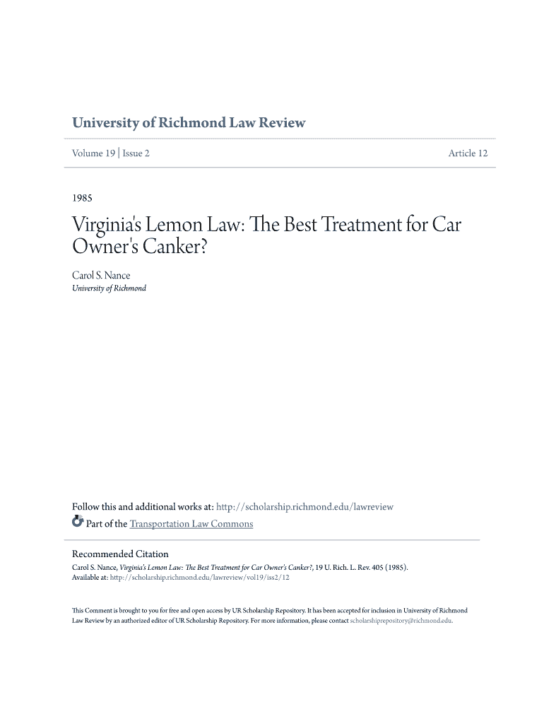 Virginia's Lemon Law The Best Treatment for Car Owner's Canker? Fill out & sign online DocHub