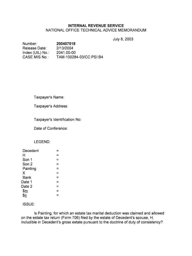 Fillable Online 200407018. Issue Is Painting, for which an estate tax