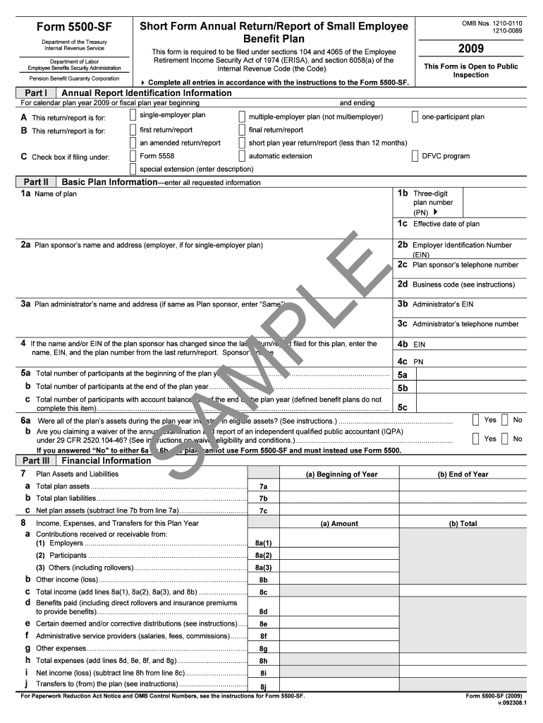 Fillable Online dol Form 5500SF 2009 US Department of Labor Fax