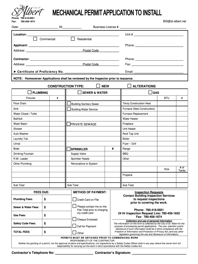 Fillable Online stalbert Mechanical Permit Application To Install 2014e.pdf City of St. Albert