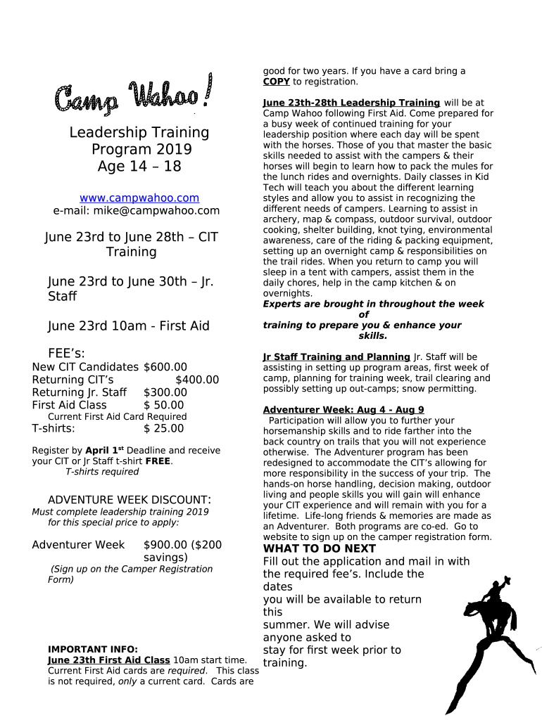 Counselor in Training Program 2003 Camp Wahoo Doc Template pdfFiller