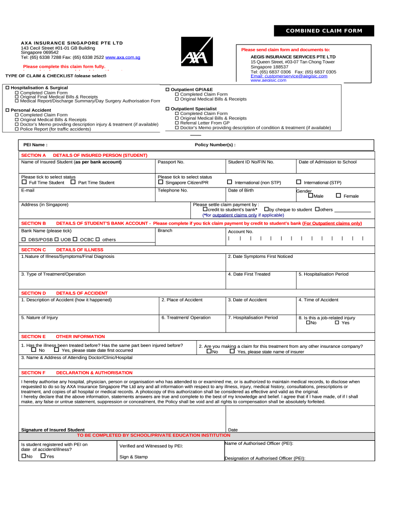 Health Cash Plan Claim AXA Singapore Doc Template pdfFiller