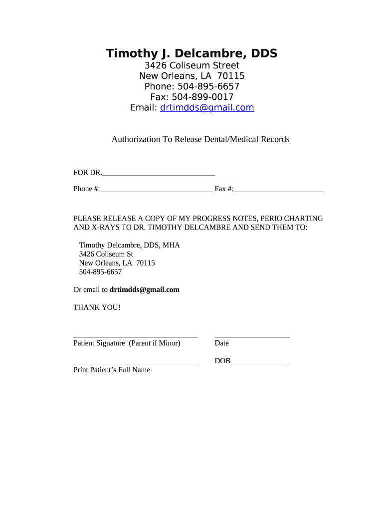 Authorization To Release Dental/Medical Records Doc Template pdfFiller
