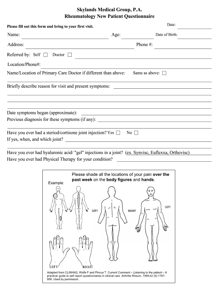 Skylands Medical Group Rheumatology New Patient Questionnaire Fill