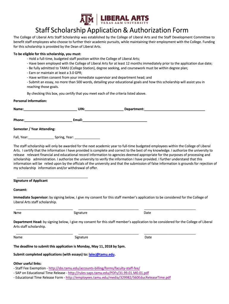 TAMU College Of Liberal Arts Staff Scholarship Application