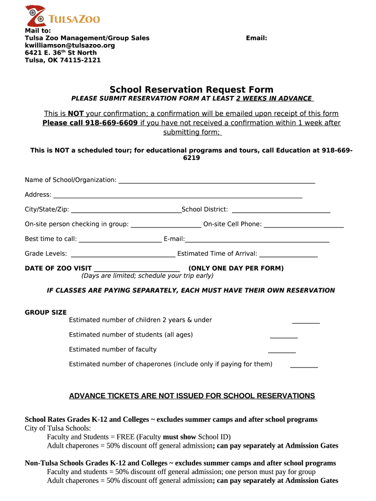 Tulsa Zoo Reservation Request Doc Template pdfFiller