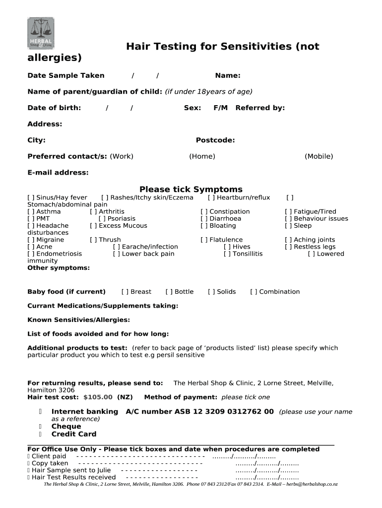 Hair Testing for Sensitivities Doc Template pdfFiller