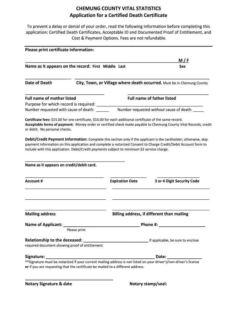 Fillable Online vital records death certificates Chemung County
