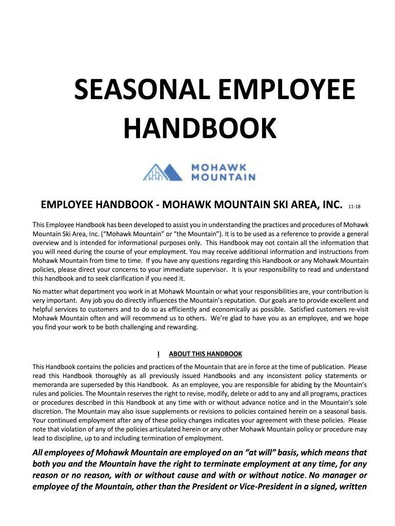 Fillable Online EMPLOYEE HANDBOOK MOHAWK MOUNTAIN SKI AREA, INC Fax