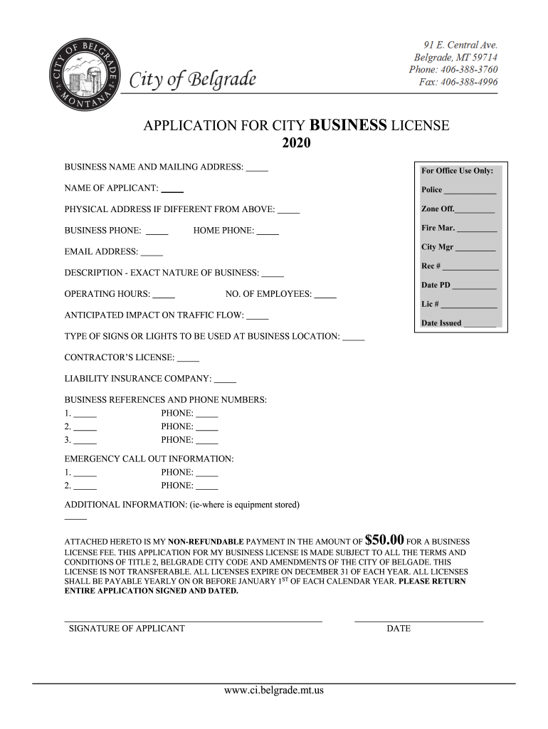 2020 Form MT Application for City Business License City of Belgrade