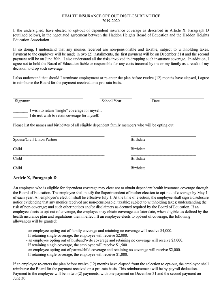 Fillable Online Health Benefits OptOut Form 2019 2020.doc Fax Email