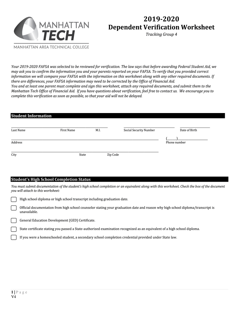 Fillable Online Dependent Verification Worksheet Manhattan Area Fax Email Print pdfFiller