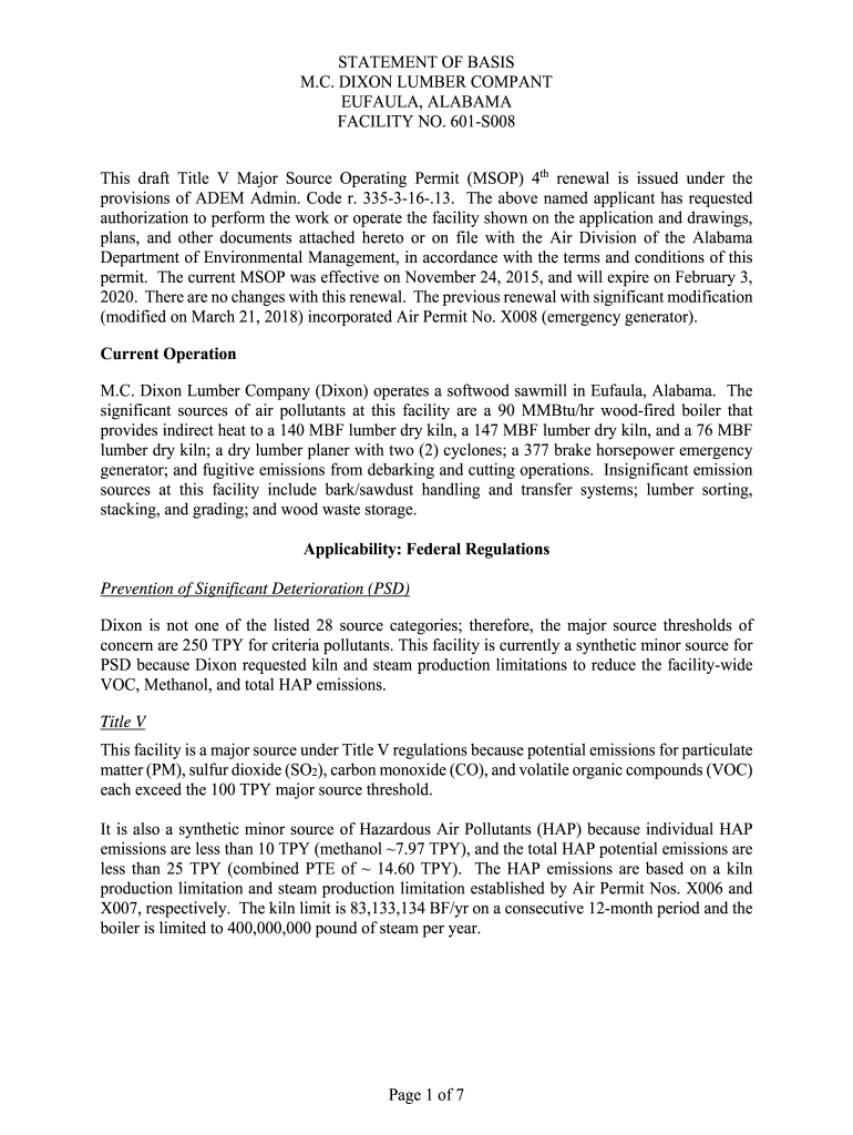 Fillable Online STATEMENT OF BASIS M.C. DIXON LUMBER COMPANT EUFAULA