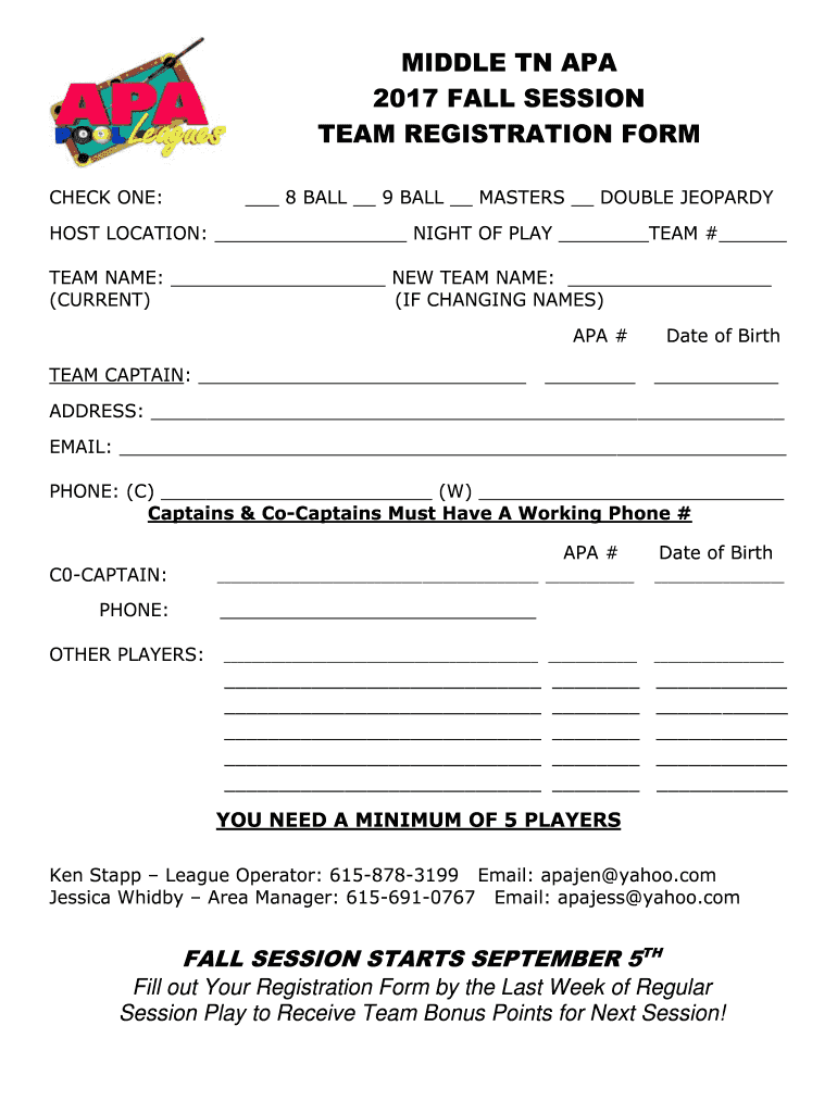 Fillable Online TEAM REGISTRATION FORM Middle TN APA Fax Email Print