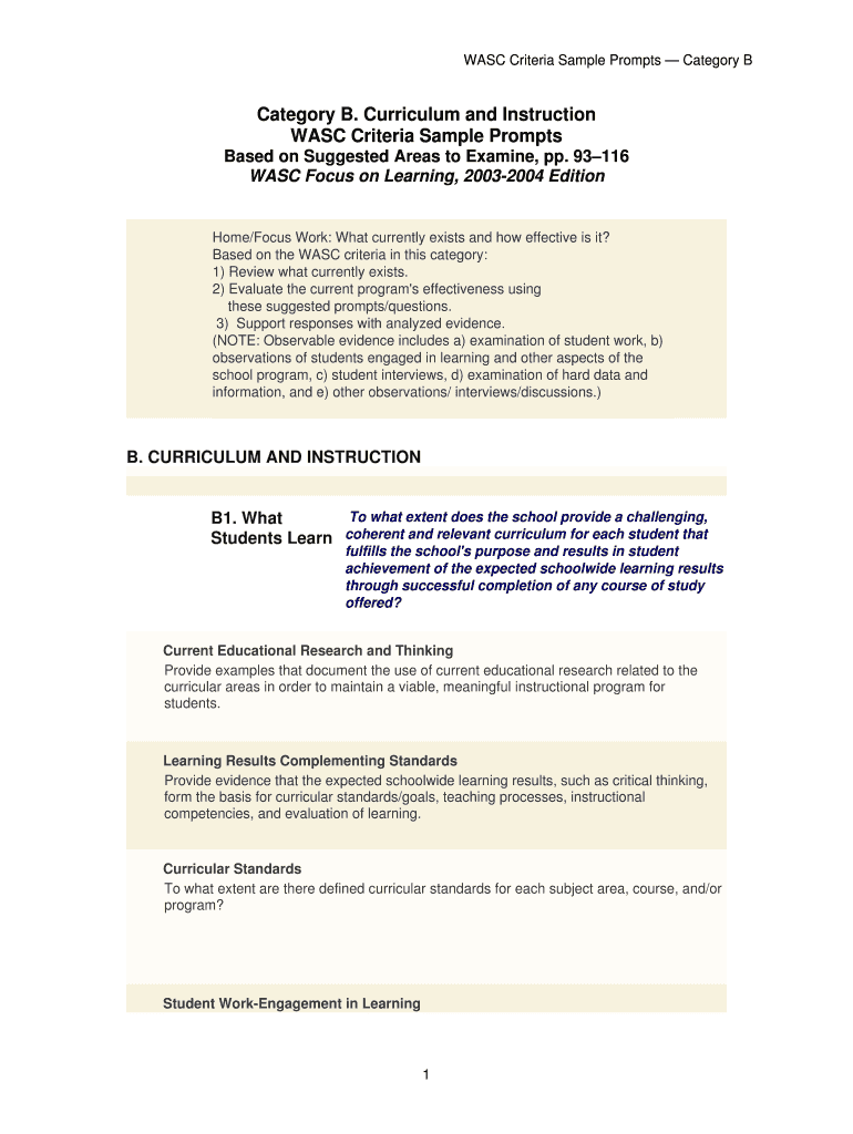 Fillable Online WASC Criteria Sample Prompts Category B Fax Email Print