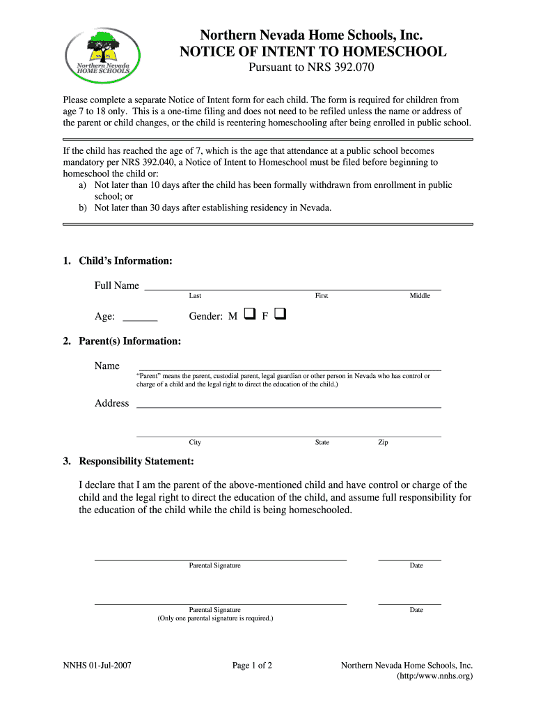 Fillable Online nnhs memberlodge NNHS Notice of Intent to Homeschool