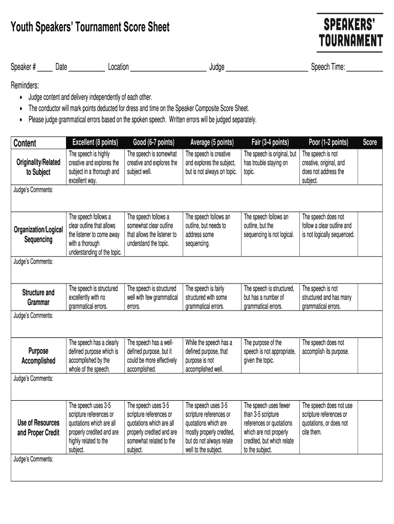 Fillable Online Youth Speakers' Tournament Score Sheet AWS Fax Email Print pdfFiller