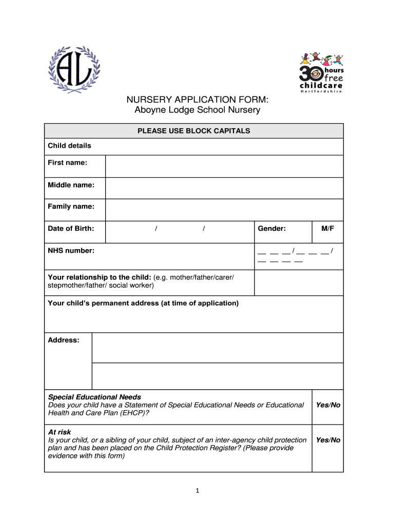 Fillable Online NURSERY APPLICATION FORM Aboyne Lodge School Nursery