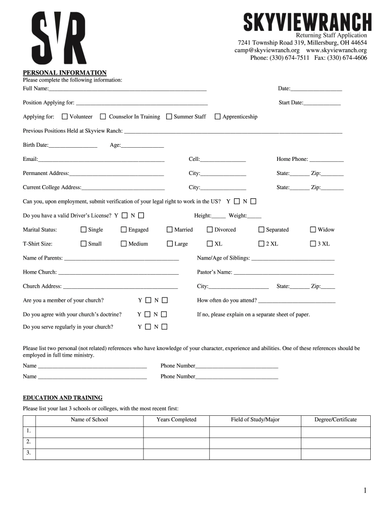 Fillable Online Skyview Ranch Employment Application Millersburg