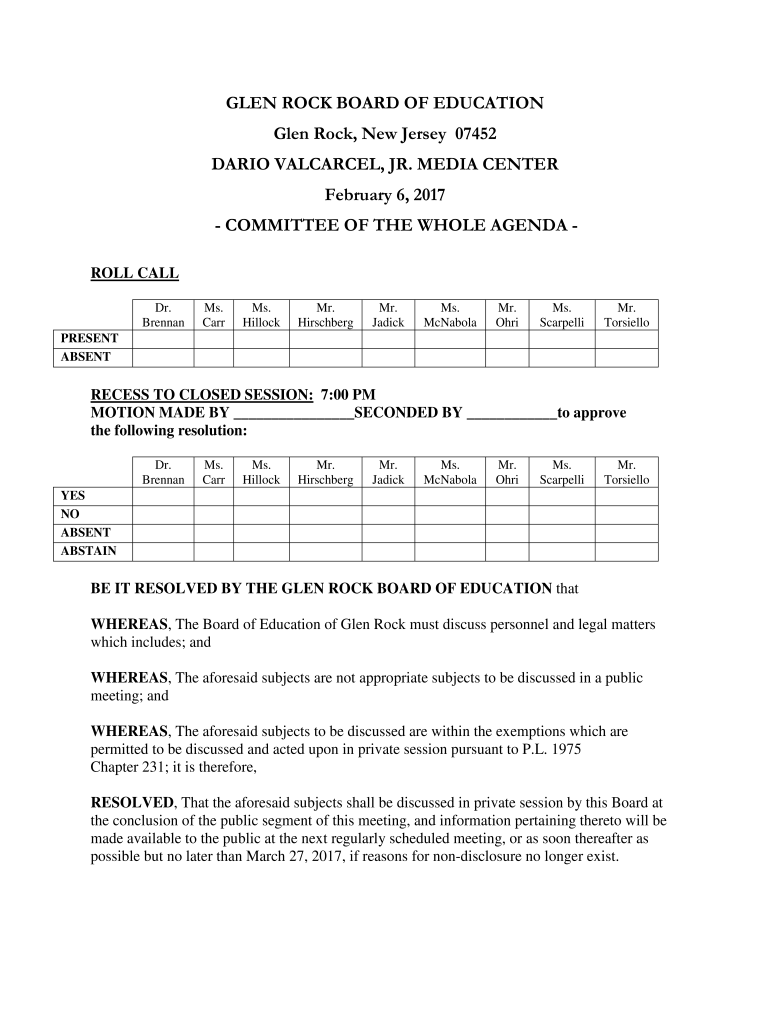 Fillable Online Glen Rock BOE appoints middle school principal North