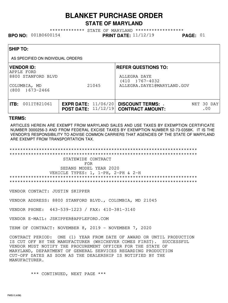 Fillable Online PDF version of FMIS BPO. Blanket Purchase Order number