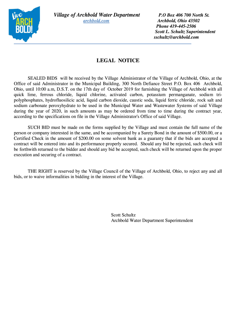 Fillable Online Village of Archbold Water Department Fax Email Print