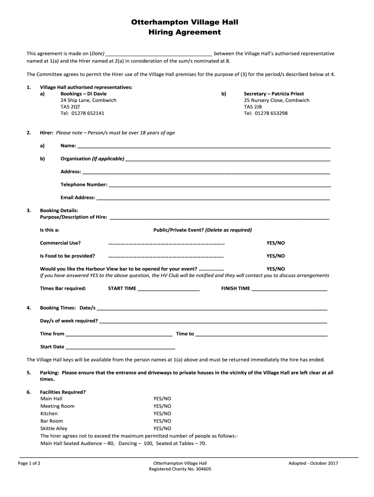 Fillable Online Stapeley Community Hall Hire Agreement AGREEMENT DATED