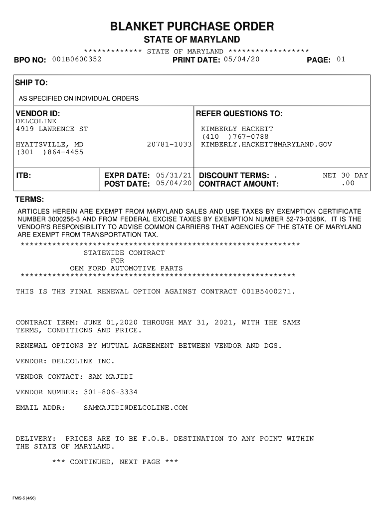 Fillable Online PDF version of FMIS Blanket Purchase Order. Blanket