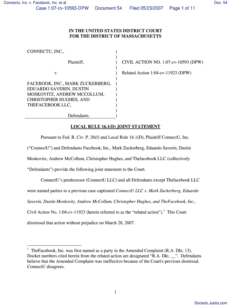 Fillable Online JOINT STATEMENT of counsel LOCAL RULE 16.1(D) JOINT