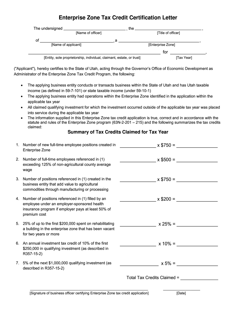 Fillable Online Enterprise Zone Tax Credit Certification Letter Fax Email Print pdfFiller