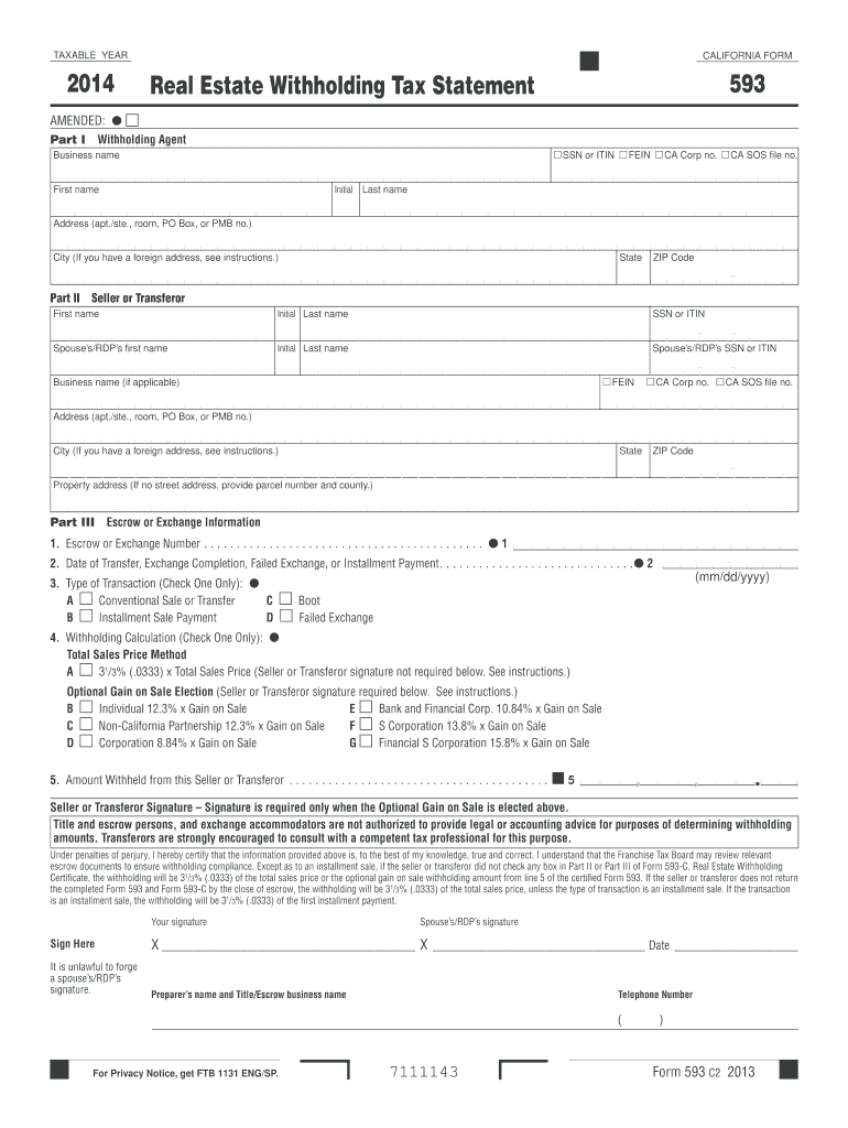 Fillable Online 2014 Form 593 Real Estate Withholding Tax Statement