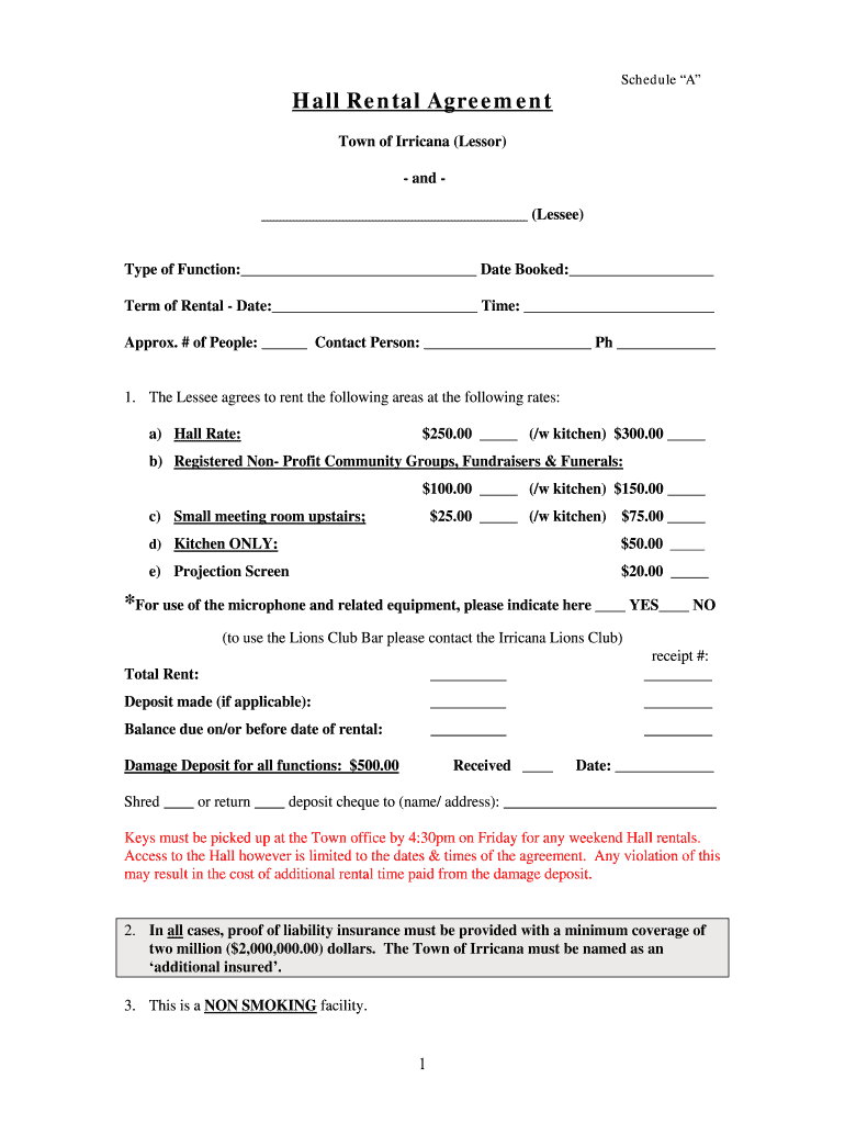 Fillable Online irricana civicweb AGREEMENT FOR RENTAL OF HALL
