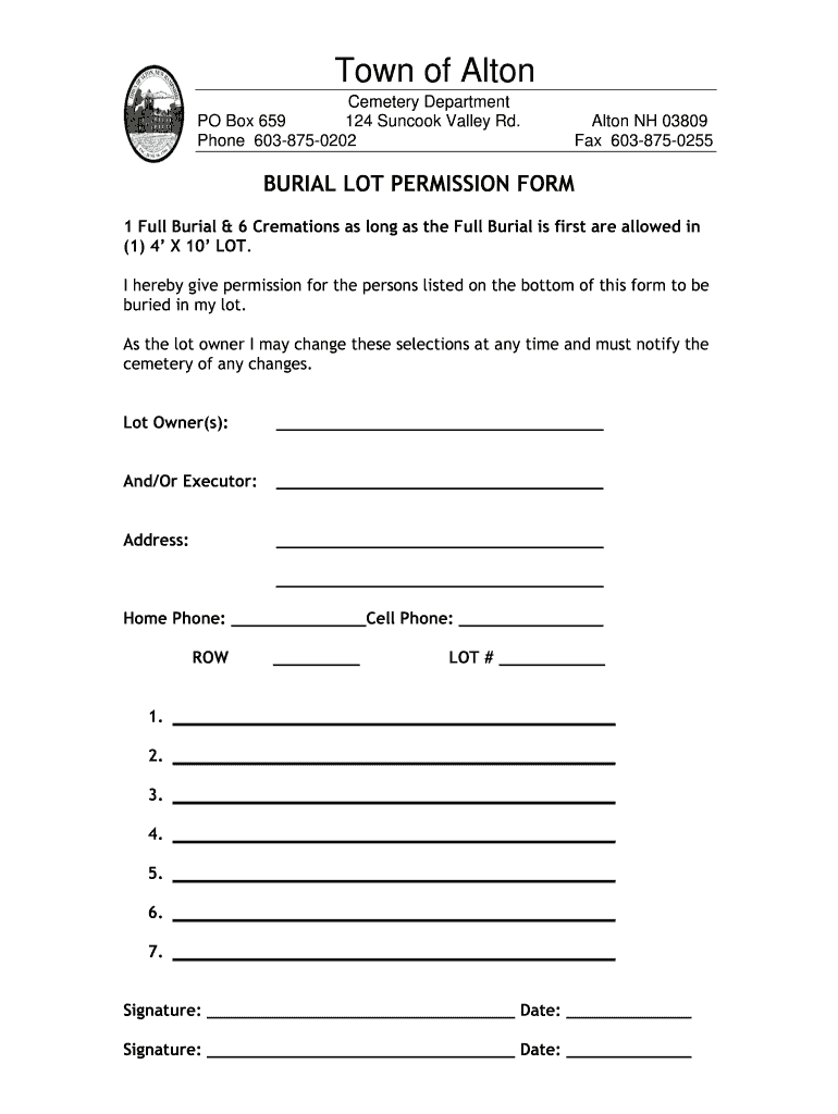 Fillable Online alton nh Burial lot permission form alton nh Fax