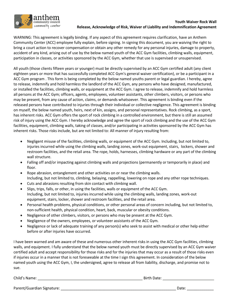 Fillable Online Rock Wall Waiver Form Anthem Fax Email Print pdfFiller