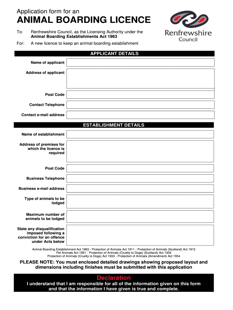 Fillable Online renfrewshire gov Application form for an ANIMAL BOARDING LICENCE To