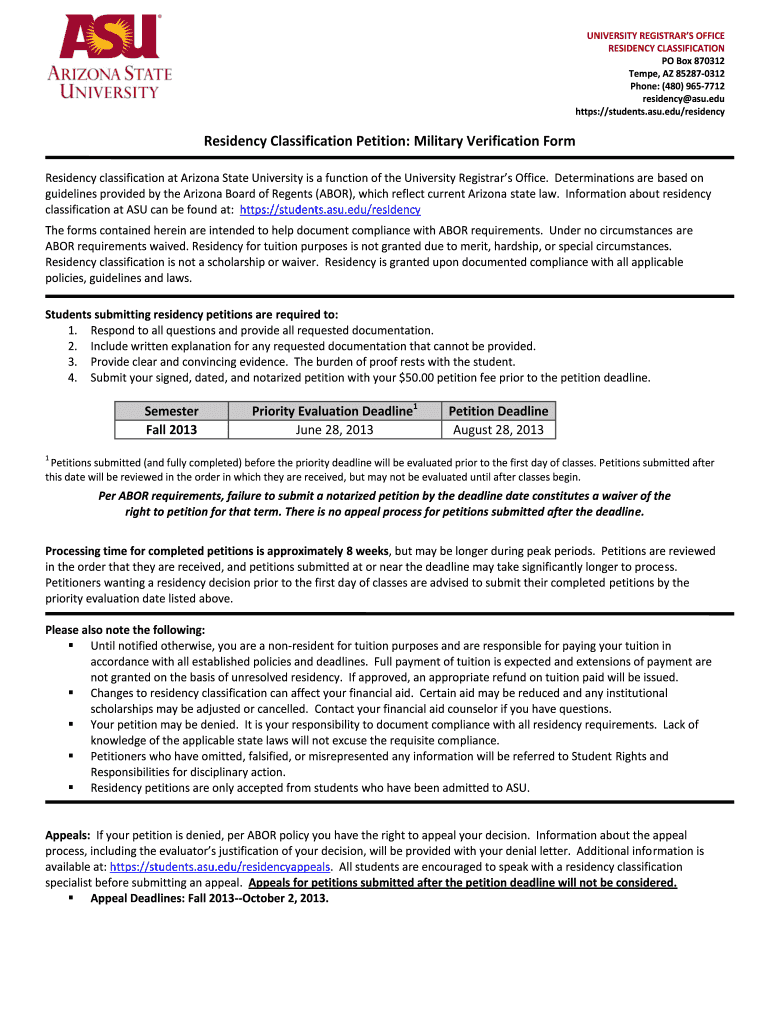 Fillable Online students asu edu/residency Residency Classification