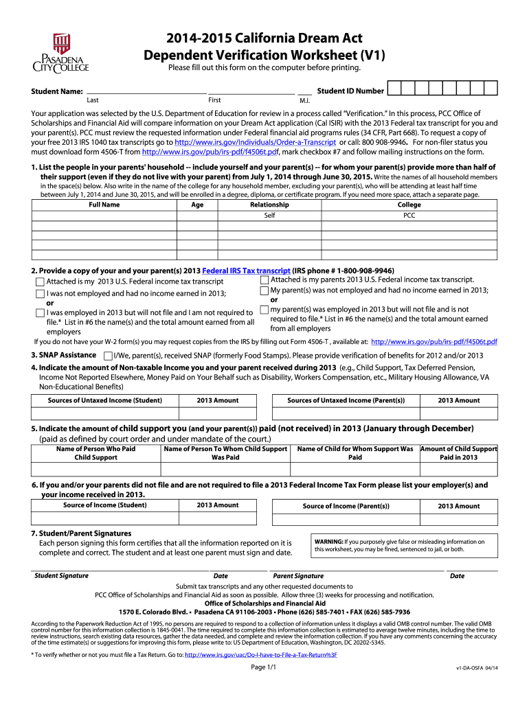 Fillable Online pasadena Dependent Verification Worksheet (V1) Fax Email Print pdfFiller