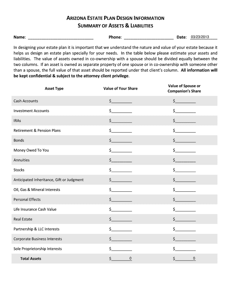 Fillable Online ARIZONA ESTATE PLAN DESIGN INFORMATION SUMMARY OF ASSETS Fax Email Print pdfFiller