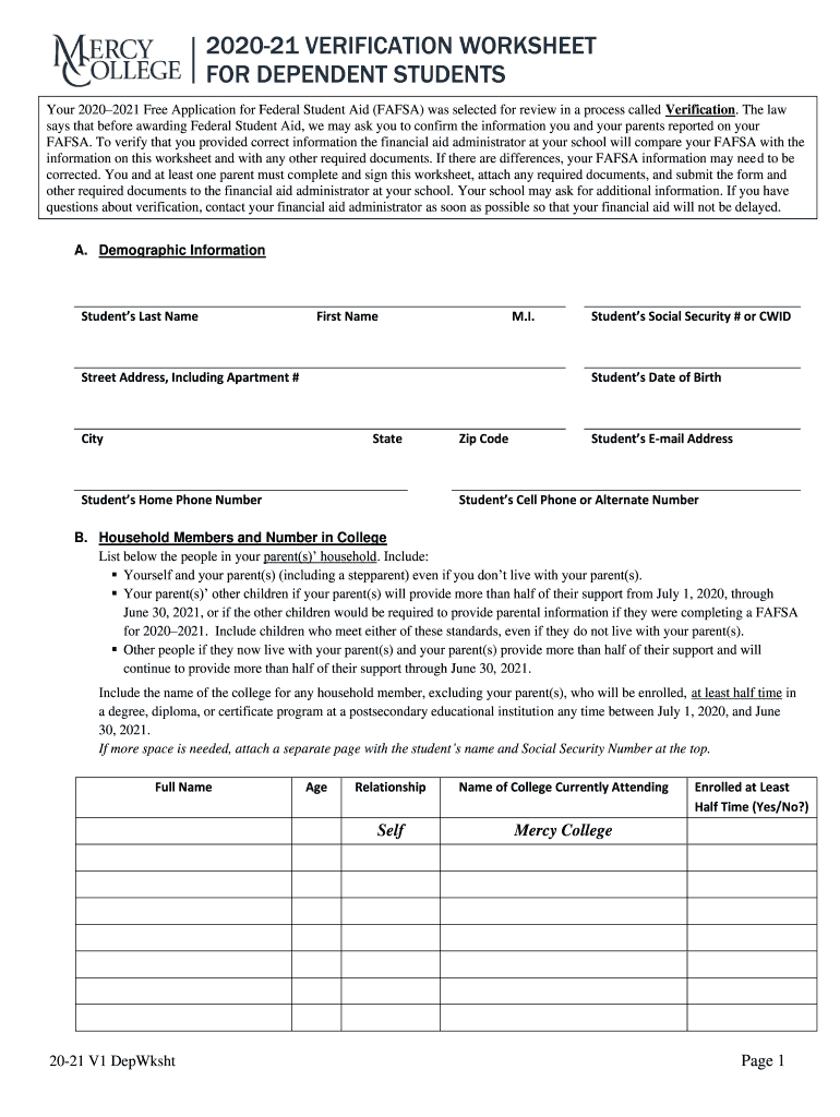Mercy College Verification Worksheet For Dependent